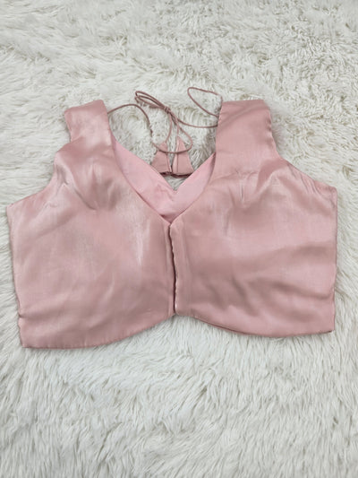 Light Pink Satin Readymade Blouse – Deep V-Neck Design with Back Tie Tassels
