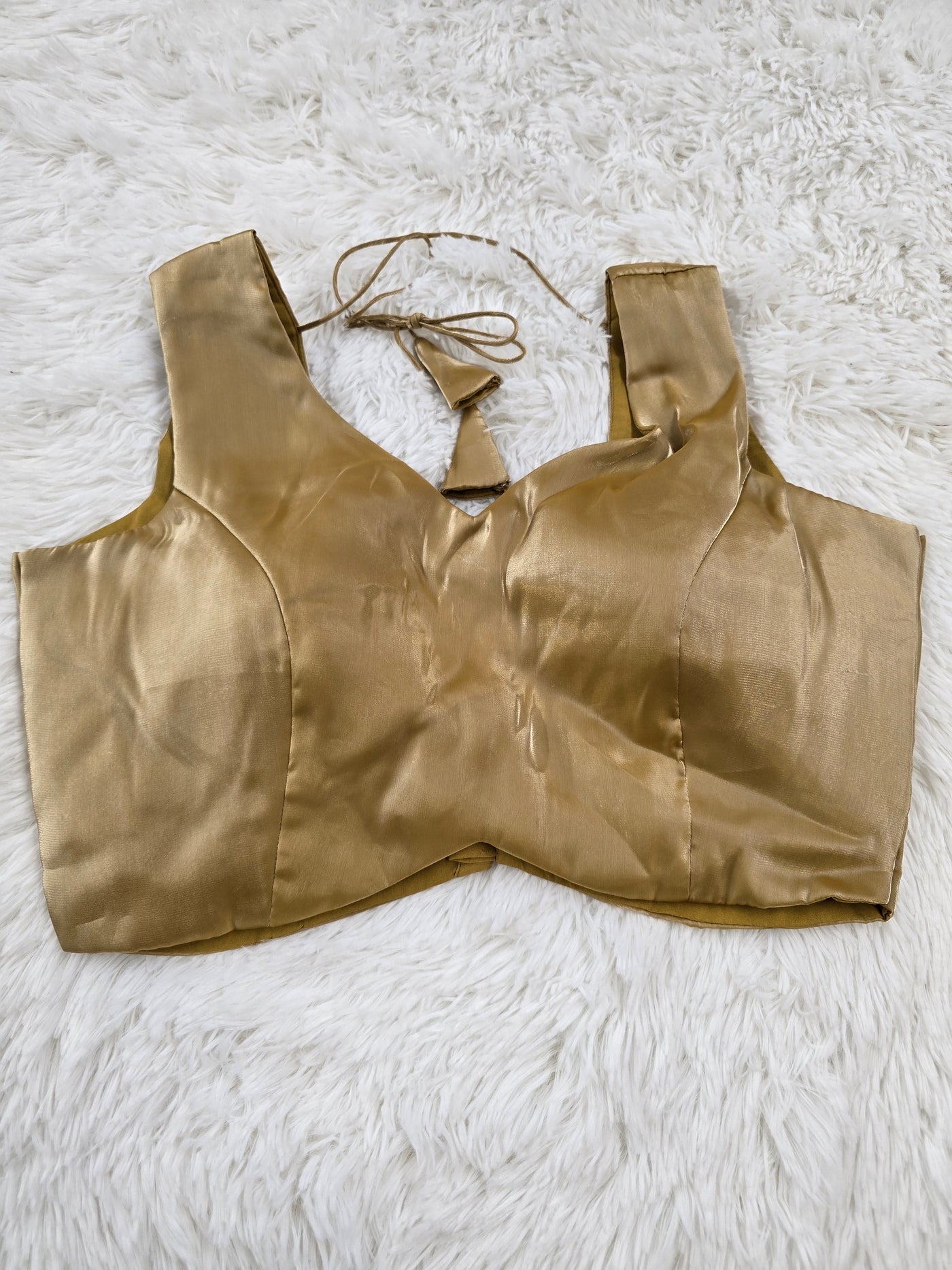 Golden Satin Readymade Blouse – Deep V-Neck Back Open Design with Tie Tassels