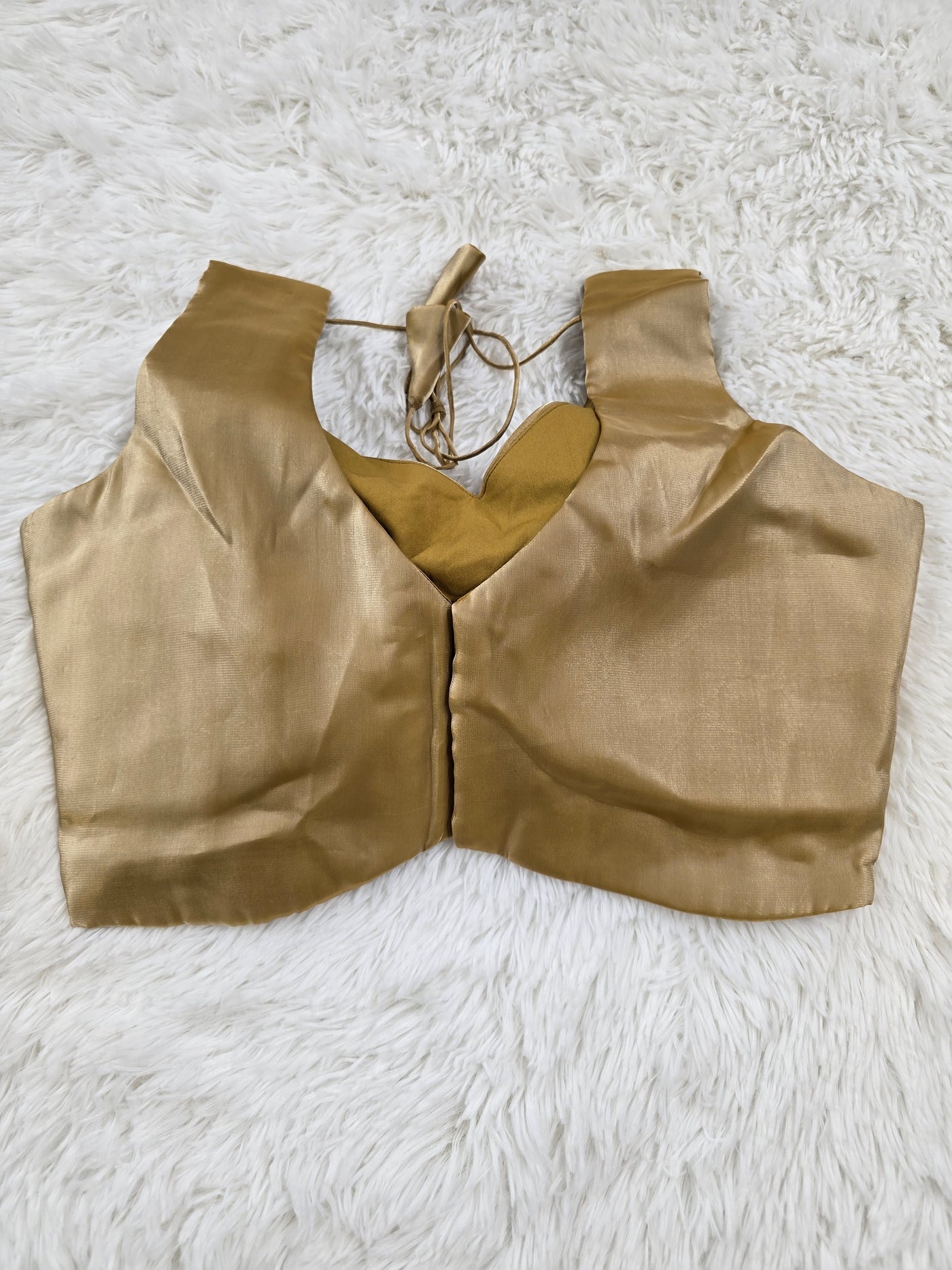 Golden Satin Readymade Blouse – Deep V-Neck Back Open Design with Tie Tassels