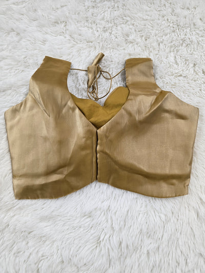 Golden Satin Readymade Blouse – Deep V-Neck Back Open Design with Tie Tassels