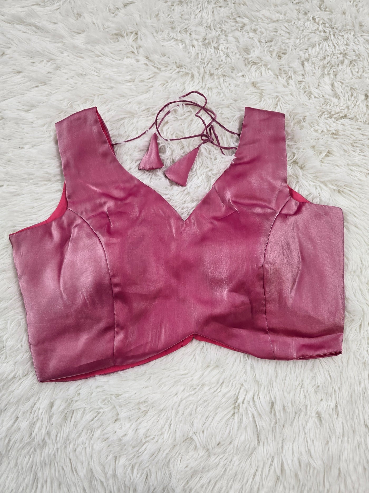 Pink Satin Readymade Blouse – Deep V-Neck Back Open Design with Tie Tassels