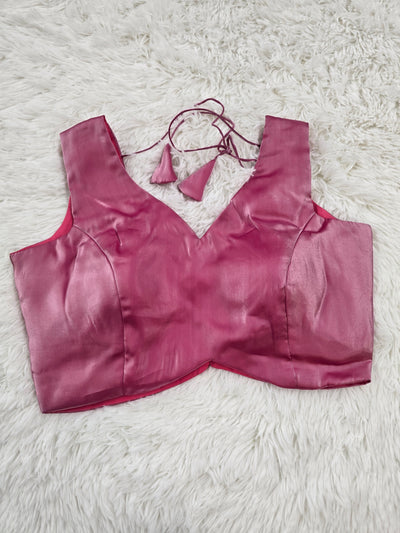 Pink Satin Readymade Blouse – Deep V-Neck Back Open Design with Tie Tassels