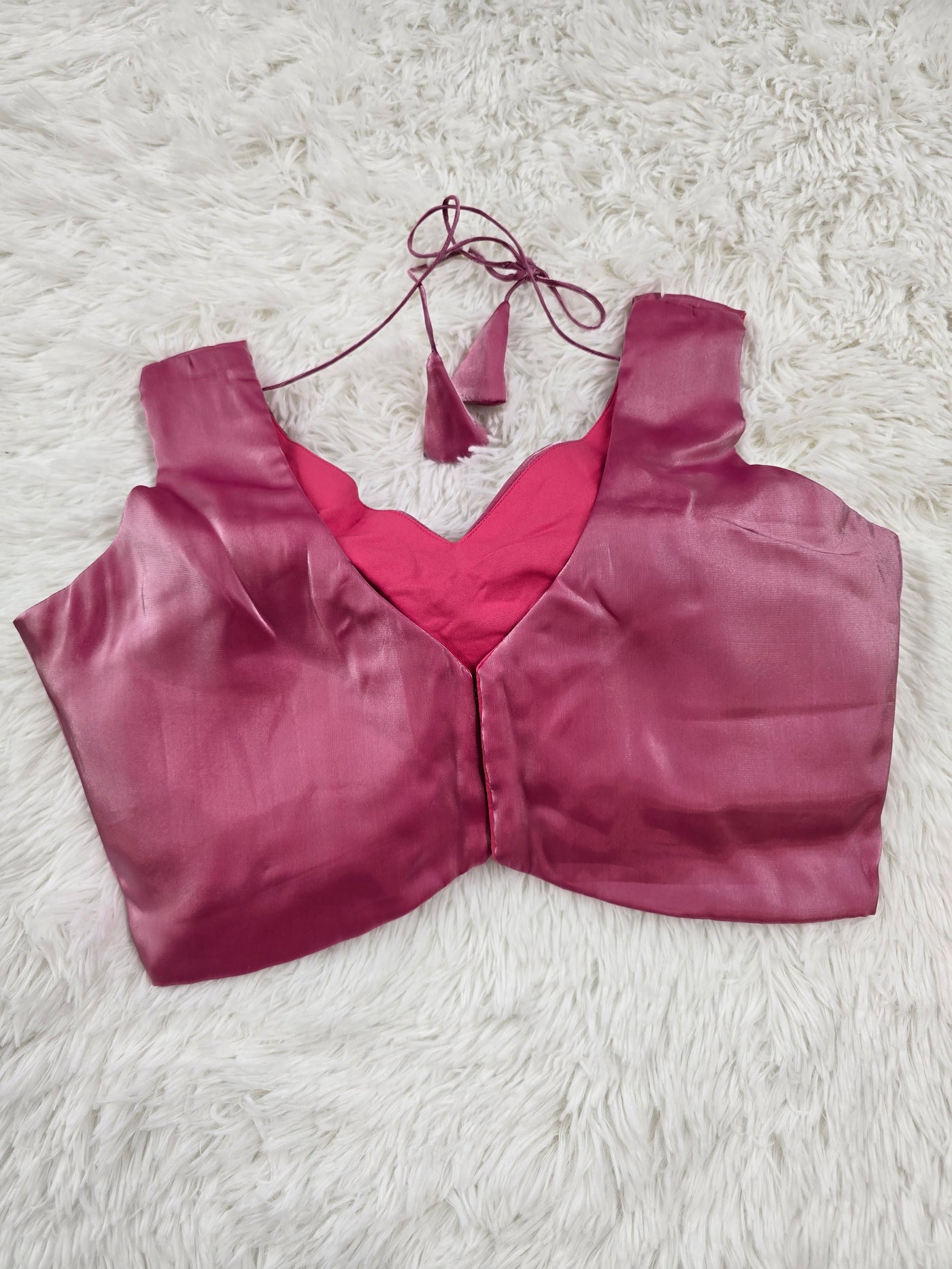 Pink Satin Readymade Blouse – Deep V-Neck Back Open Design with Tie Tassels