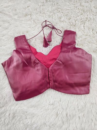 Pink Satin Readymade Blouse – Deep V-Neck Back Open Design with Tie Tassels
