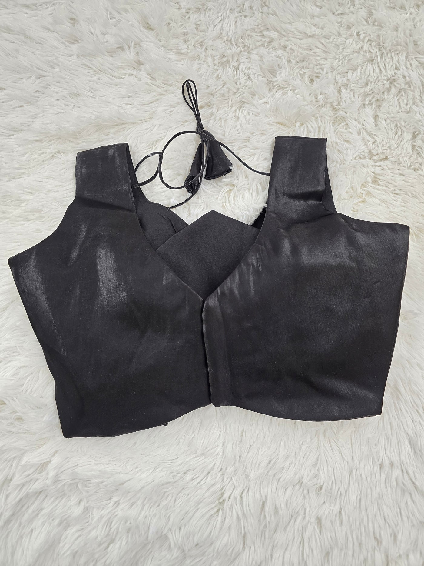 Black Satin Readymade Blouse – Deep V-Neck Back Open Design with Tie Tassels