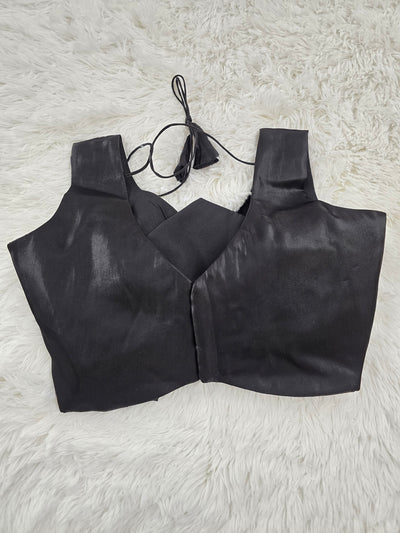 Black Satin Readymade Blouse – Deep V-Neck Back Open Design with Tie Tassels