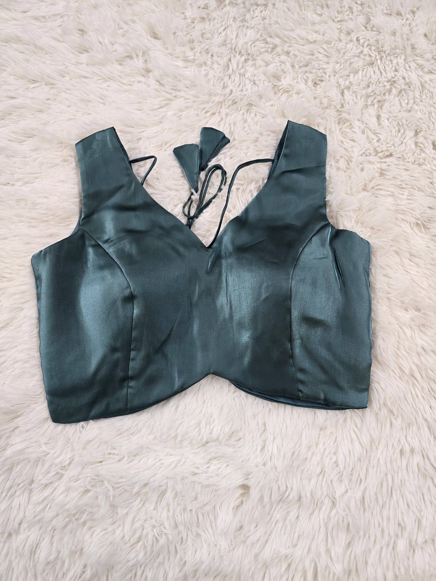 Teal Satin Readymade Blouse – Deep V-Neck Back Open Design with Tie Tassels