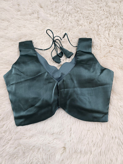Teal Satin Readymade Blouse – Deep V-Neck Back Open Design with Tie Tassels