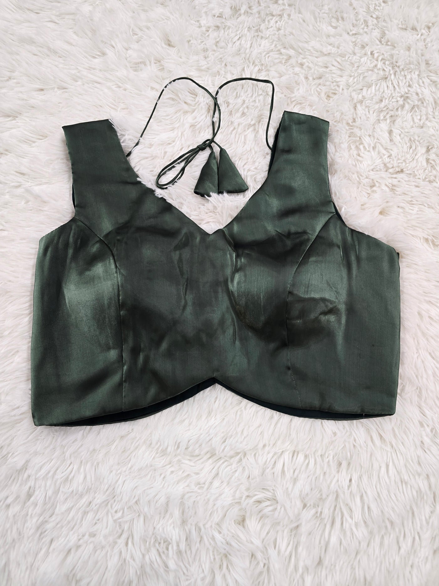 Bottle Green Satin Readymade Blouse – Deep V-Neck Back Open Design with Tie Tassels