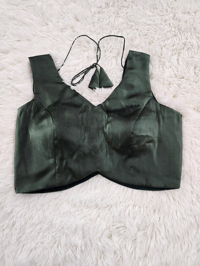 Bottle Green Satin Readymade Blouse – Deep V-Neck Back Open Design with Tie Tassels