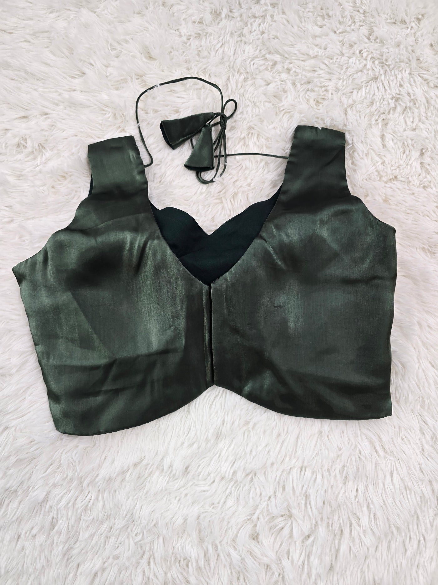 Bottle Green Satin Readymade Blouse – Deep V-Neck Back Open Design with Tie Tassels