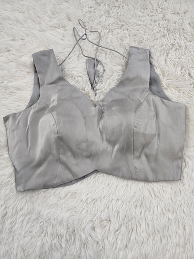 Silver Grey Satin Readymade Blouse – Deep V-Neck Back Open Design with Tie Tassels