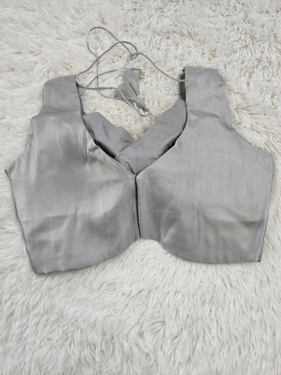 Silver Grey Satin Readymade Blouse – Deep V-Neck Back Open Design with Tie Tassels