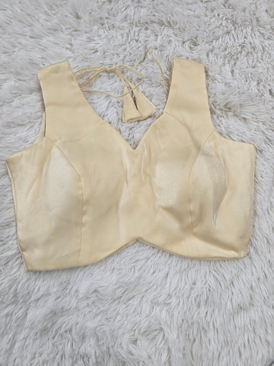 Cream Satin Readymade Blouse – Deep V-Neck Back Open Design with Tie Tassels