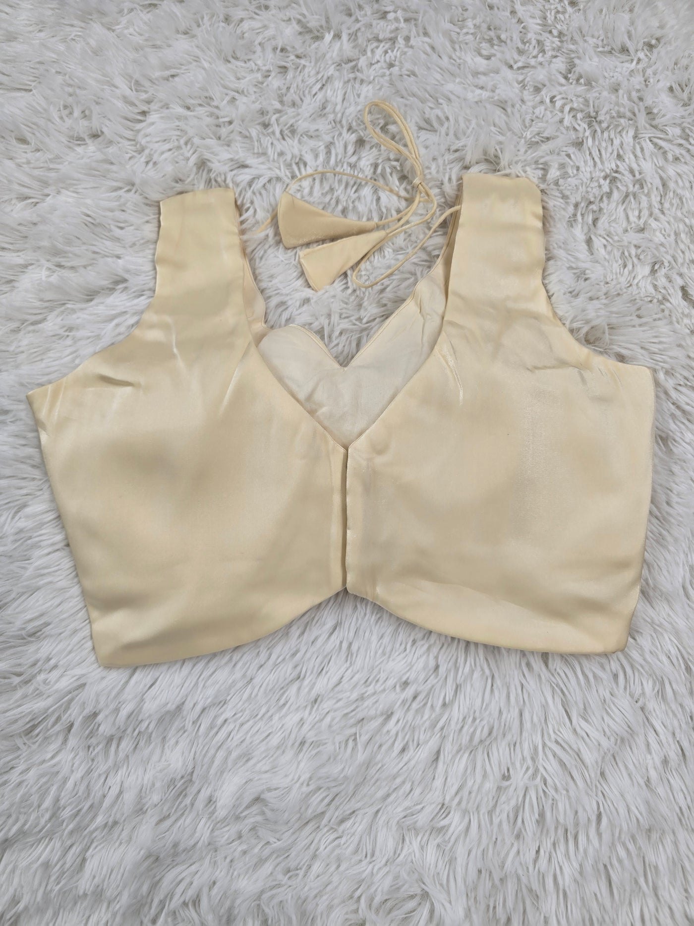 Cream Satin Readymade Blouse – Deep V-Neck Back Open Design with Tie Tassels