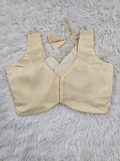 Cream Satin Readymade Blouse – Deep V-Neck Back Open Design with Tie Tassels
