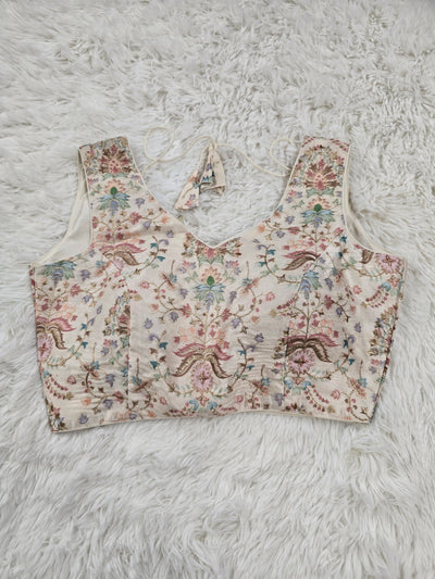 Cream Woven Silk Readymade Blouse – V-Neck Design with Pastel Floral Weaving & Tassel Tie-Back