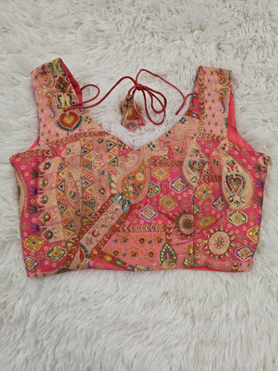 Peach Pink Woven Silk Readymade Blouse – V-Neck Design with Multicolor Pattern & Tassel Tie-Back