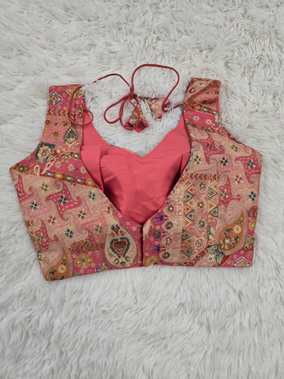 Peach Pink Woven Silk Readymade Blouse – V-Neck Design with Multicolor Pattern & Tassel Tie-Back