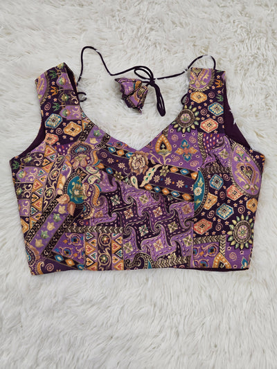 Purple Woven Silk Readymade Blouse – V-Neck Pattern with Multicolor Design & Tassel Tie-Back