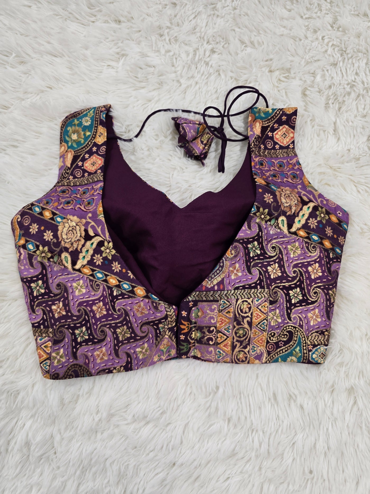Purple Woven Silk Readymade Blouse – V-Neck Pattern with Multicolor Design & Tassel Tie-Back