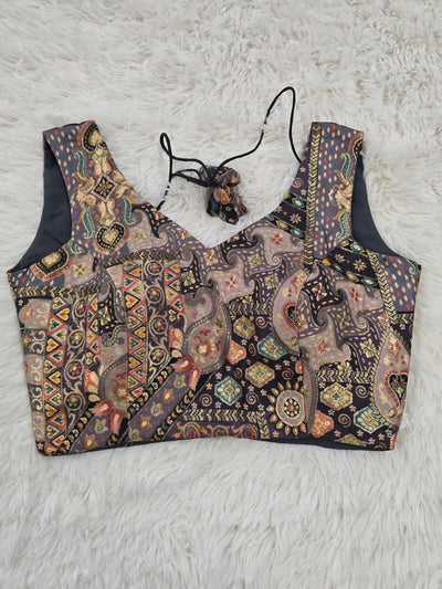Dark Grey Woven Silk Readymade Blouse – V-Neck Design with Multicolor Pattern & Tassel Tie-Back
