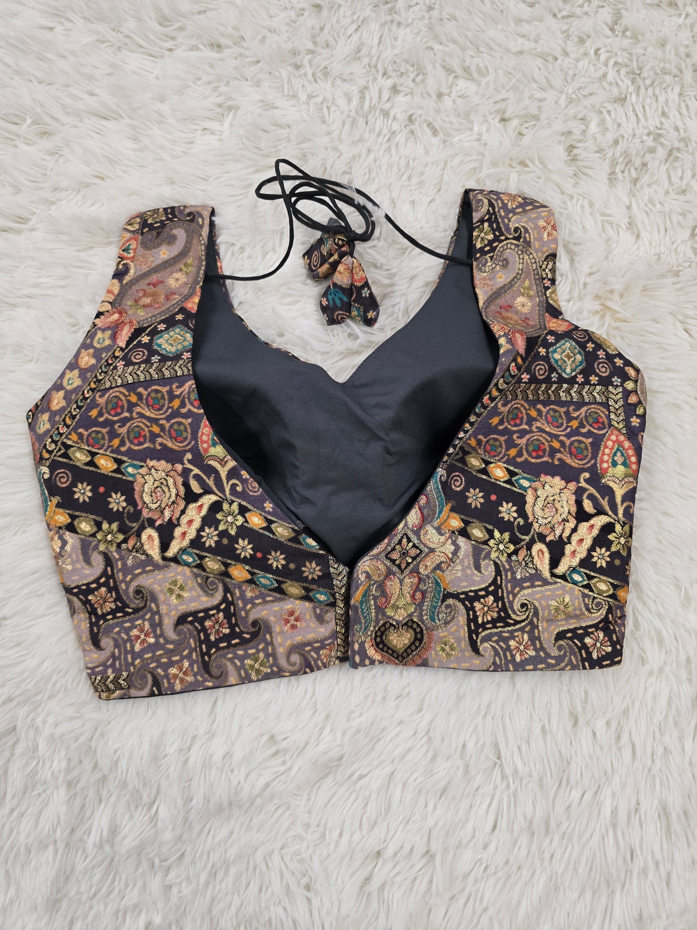 Dark Grey Woven Silk Readymade Blouse – V-Neck Design with Multicolor Pattern & Tassel Tie-Back