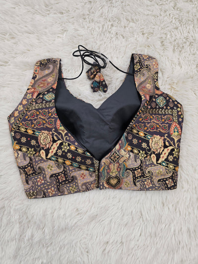 Dark Grey Woven Silk Readymade Blouse – V-Neck Design with Multicolor Pattern & Tassel Tie-Back