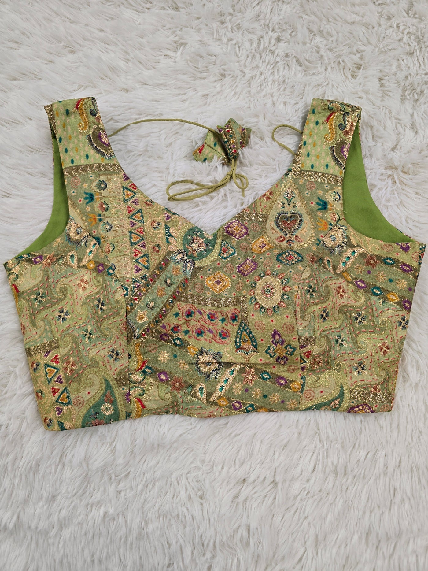 Light Green Woven Silk Readymade Blouse – V-Neck Design with Multicolor Pattern & Tassel Tie-Back