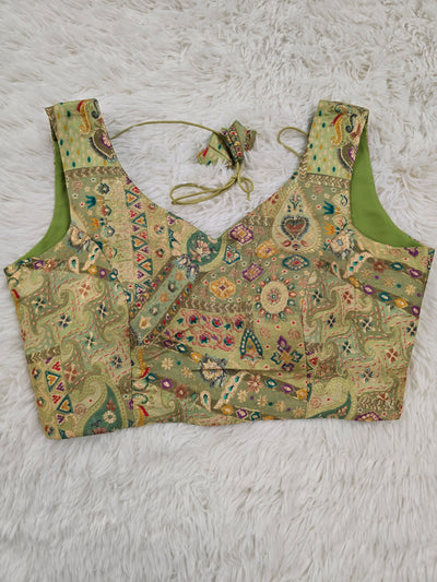 Light Green Woven Silk Readymade Blouse – V-Neck Design with Multicolor Pattern & Tassel Tie-Back