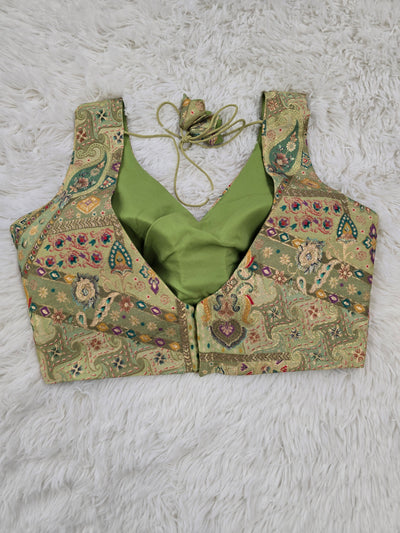Light Green Woven Silk Readymade Blouse – V-Neck Design with Multicolor Pattern & Tassel Tie-Back