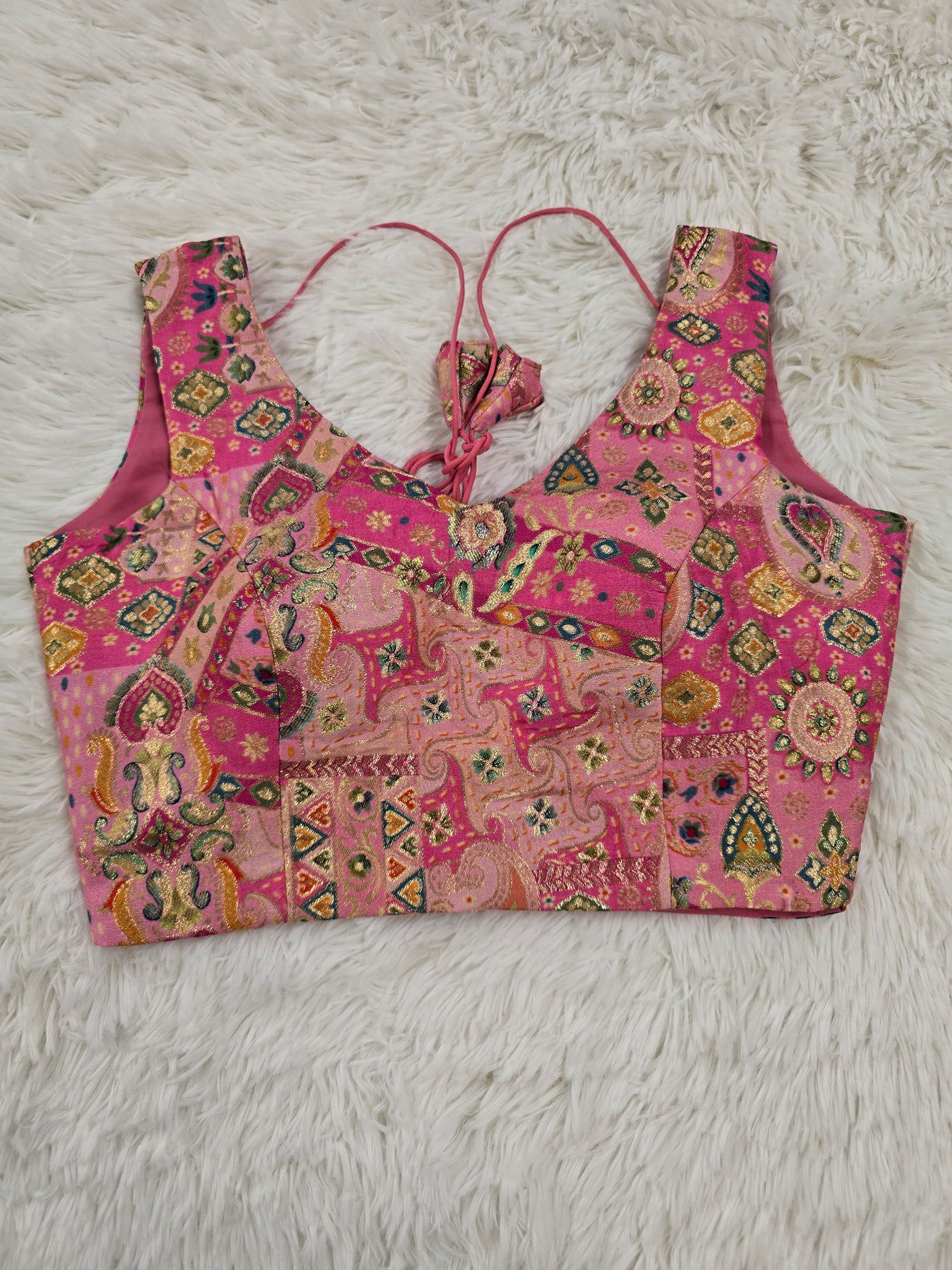 Rani Pink Woven Silk Readymade Blouse – V-Neck Design with Multicolor Pattern & Tassel Tie-Back
