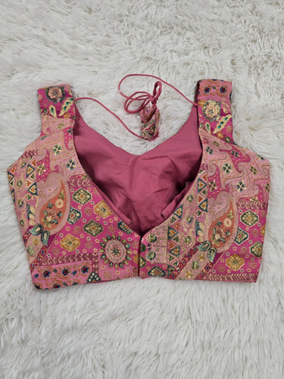 Rani Pink Woven Silk Readymade Blouse – V-Neck Design with Multicolor Pattern & Tassel Tie-Back