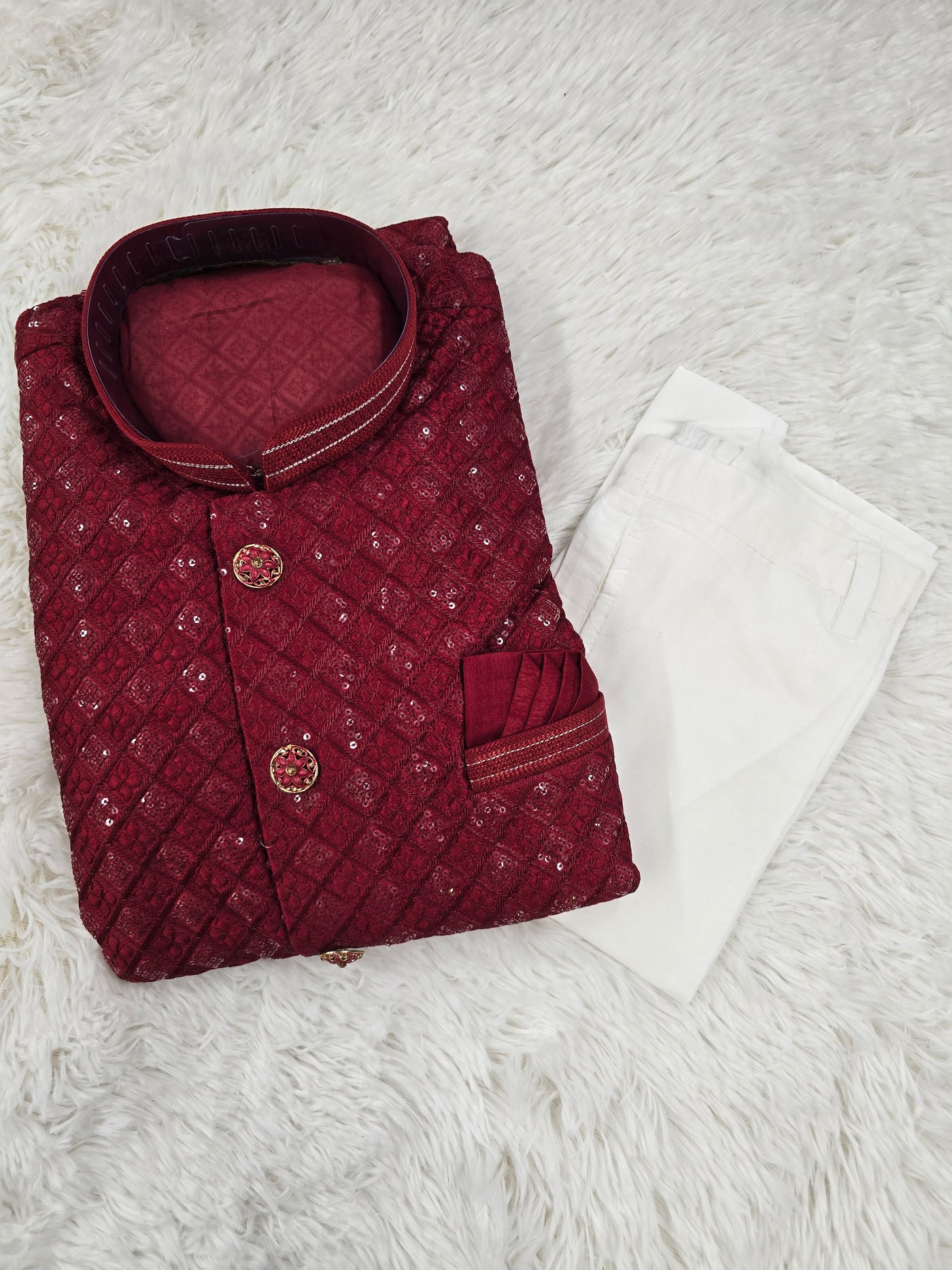 Men’s Red Textured Sequin Sherwani with White Pyjama