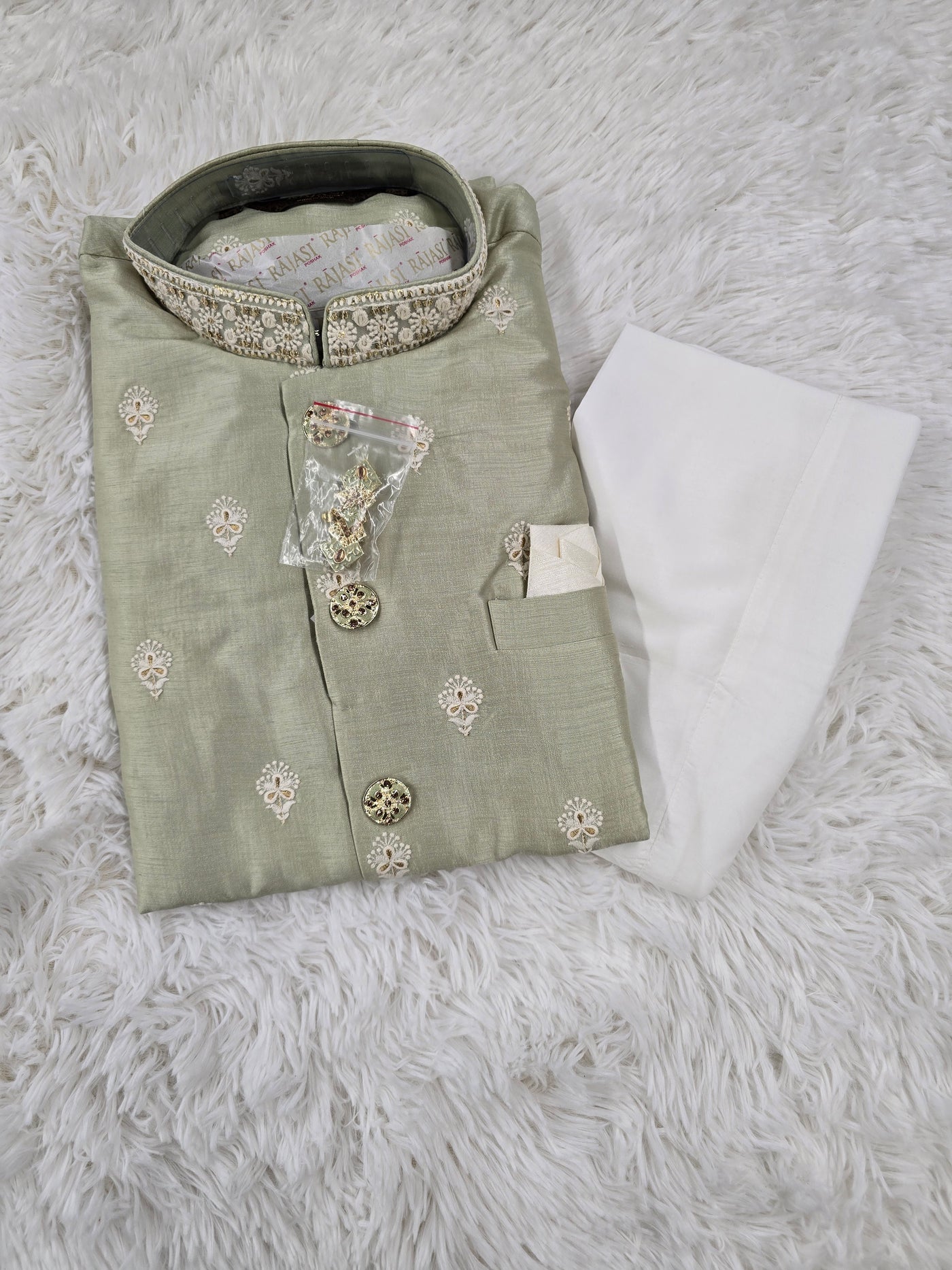 Men’s Sage Green Embroidered Coat Style Kurta Pajama Set
