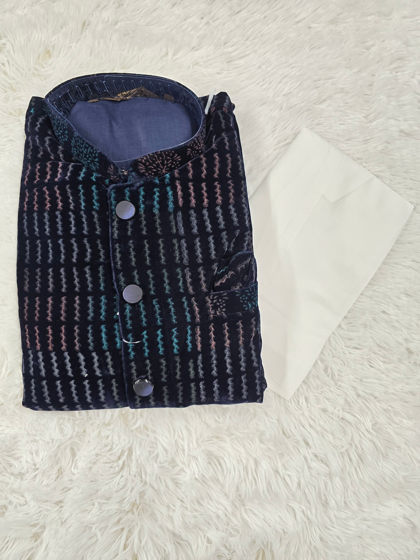 Men’s Velvet Navy Blue Coat Style Kurta Pajama Set