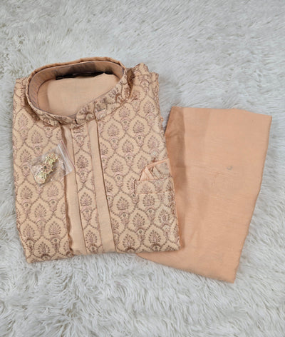 Men’s Peach Embroidered Coat Style Kurta Pajama Set
