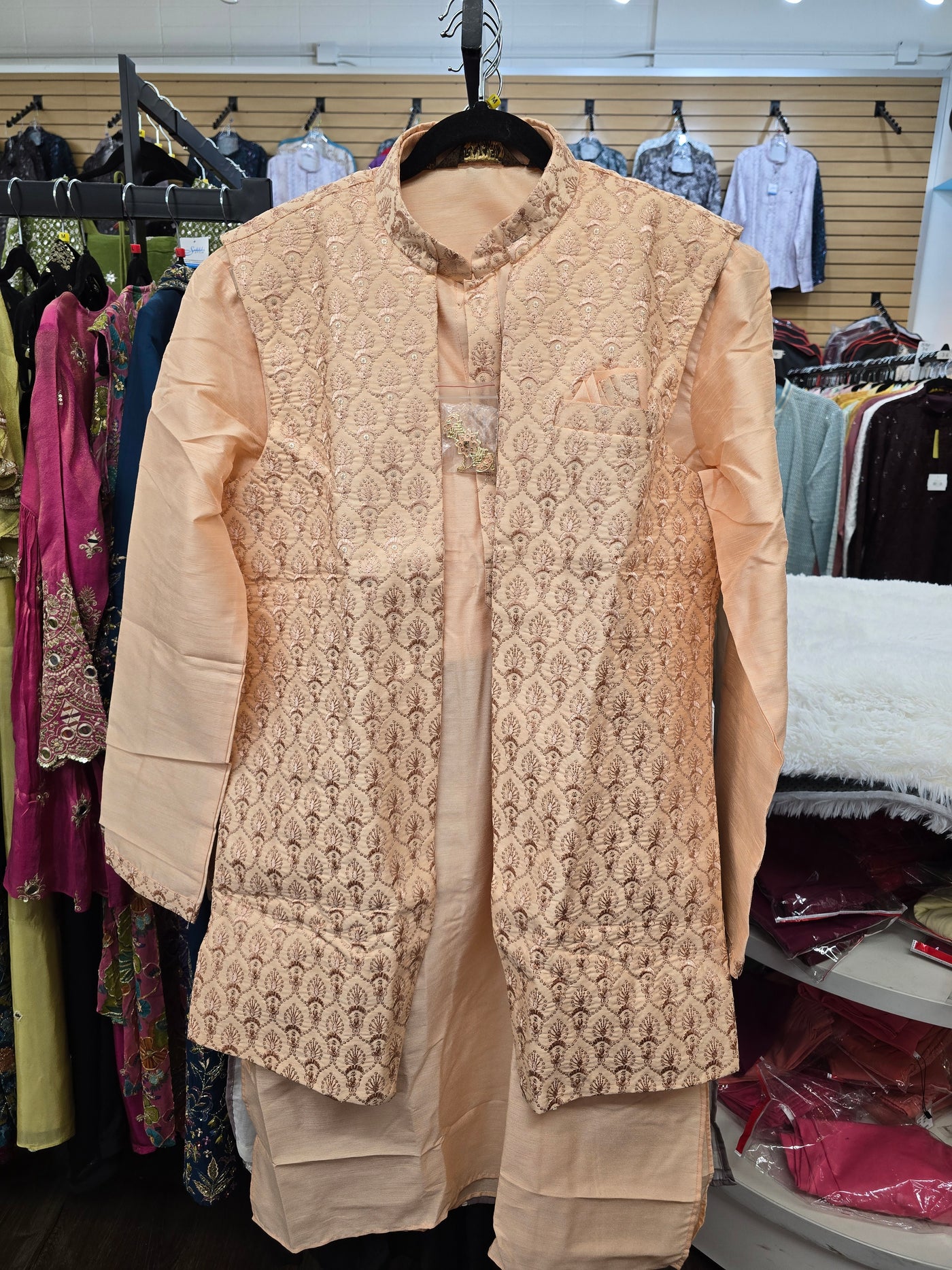 Men’s Peach Embroidered Coat Style Kurta Pajama Set