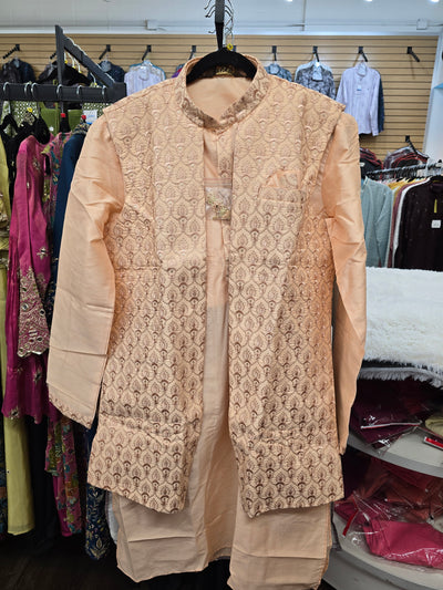 Men’s Peach Embroidered Coat Style Kurta Pajama Set