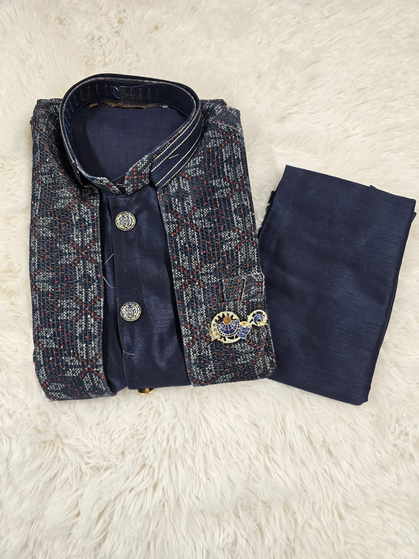 Men’s Navy Blue Textured Coat Style Kurta Pajama Set