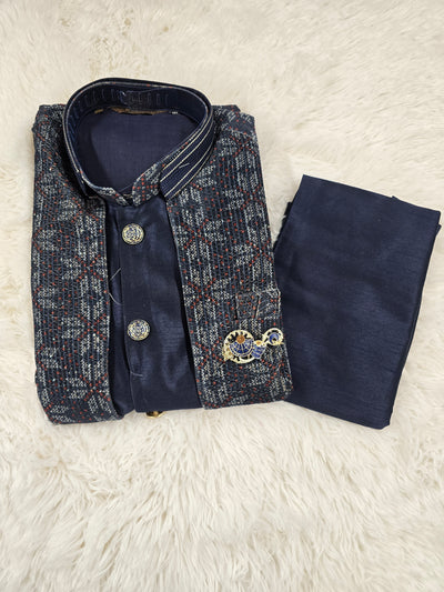 Men’s Navy Blue Textured Coat Style Kurta Pajama Set