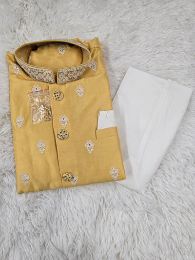 Men’s Mustard Embroidered Coat Style Kurta Pajama Set