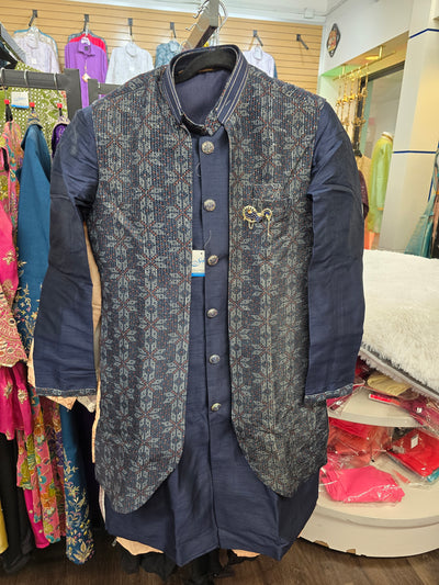 Men’s Navy Blue Textured Coat Style Kurta Pajama Set