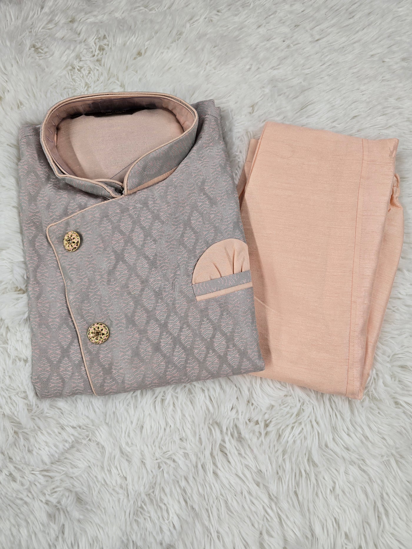 Men’s Peach and Grey Coat Style Kurta Pajama Set