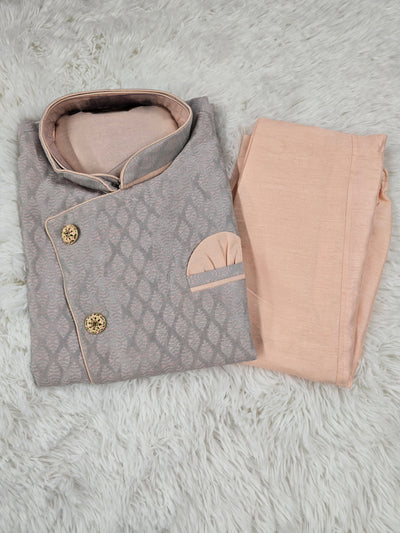 Men’s Peach and Grey Coat Style Kurta Pajama Set