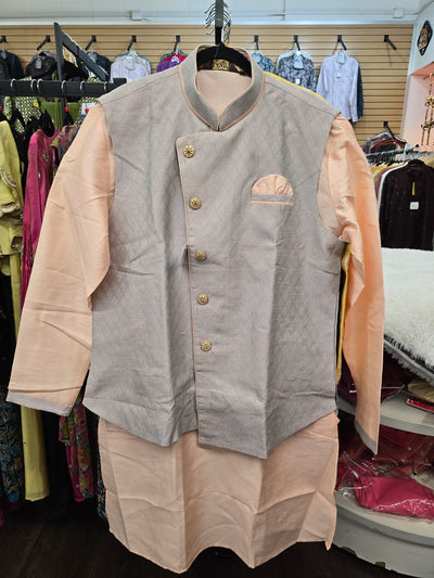 Men’s Peach and Grey Coat Style Kurta Pajama Set