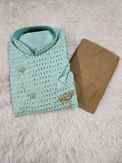 Men’s Mint Green Embroidered Coat Style Kurta Pajama Set