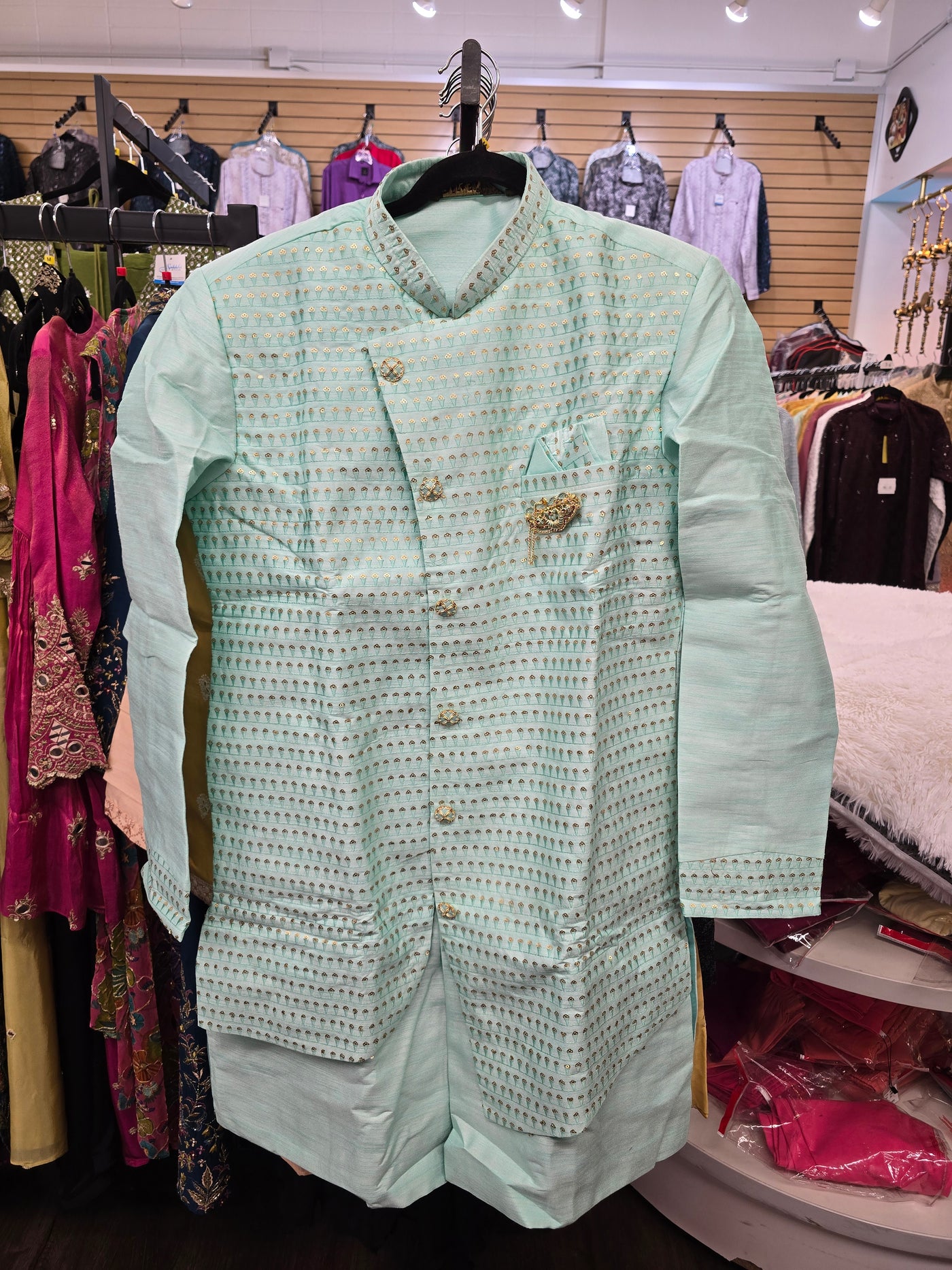 Men’s Mint Green Embroidered Coat Style Kurta Pajama Set