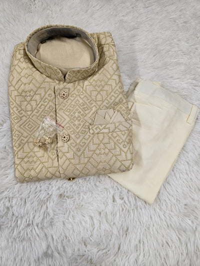 Men’s Cream Embroidered Coat Style Kurta Pajama Set