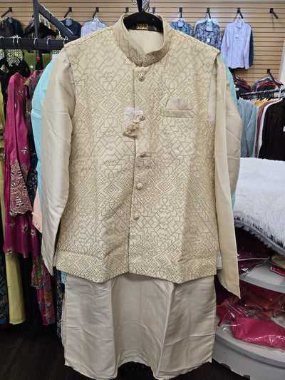 Men’s Cream Embroidered Coat Style Kurta Pajama Set